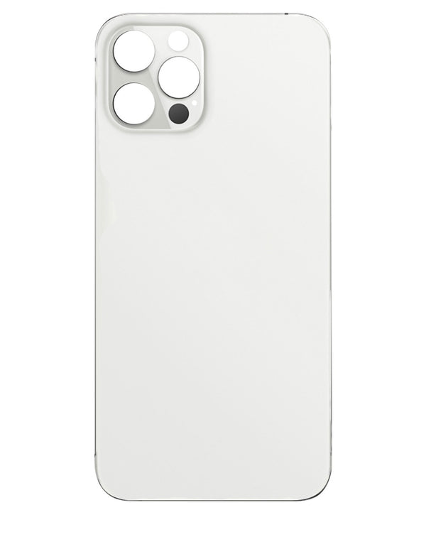 Tapa trasera plateada con orificio de cámara más grande para iPhone 12 Pro Max disponible en Guatemala para reparaciones.