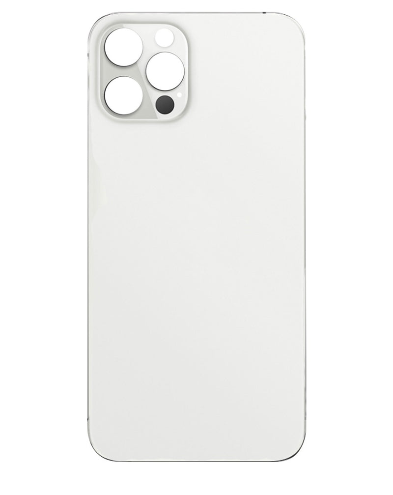 Tapa trasera plateada con orificio de cámara más grande para iPhone 12 Pro Max disponible en Guatemala para reparaciones.