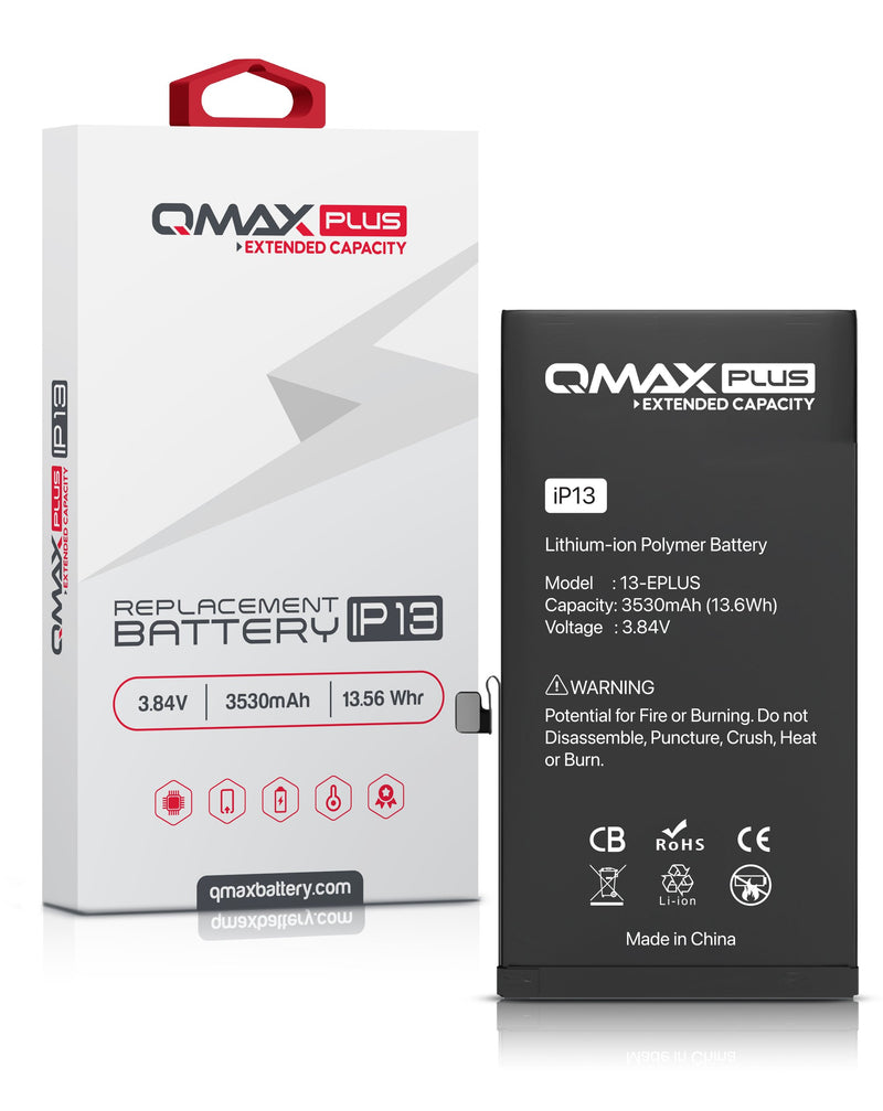 Encuentra la batería QMAX Plus de 3530 mAH para iPhone 13 en Guatemala, ideal para reparaciones en talleres de componentes de iPhone.