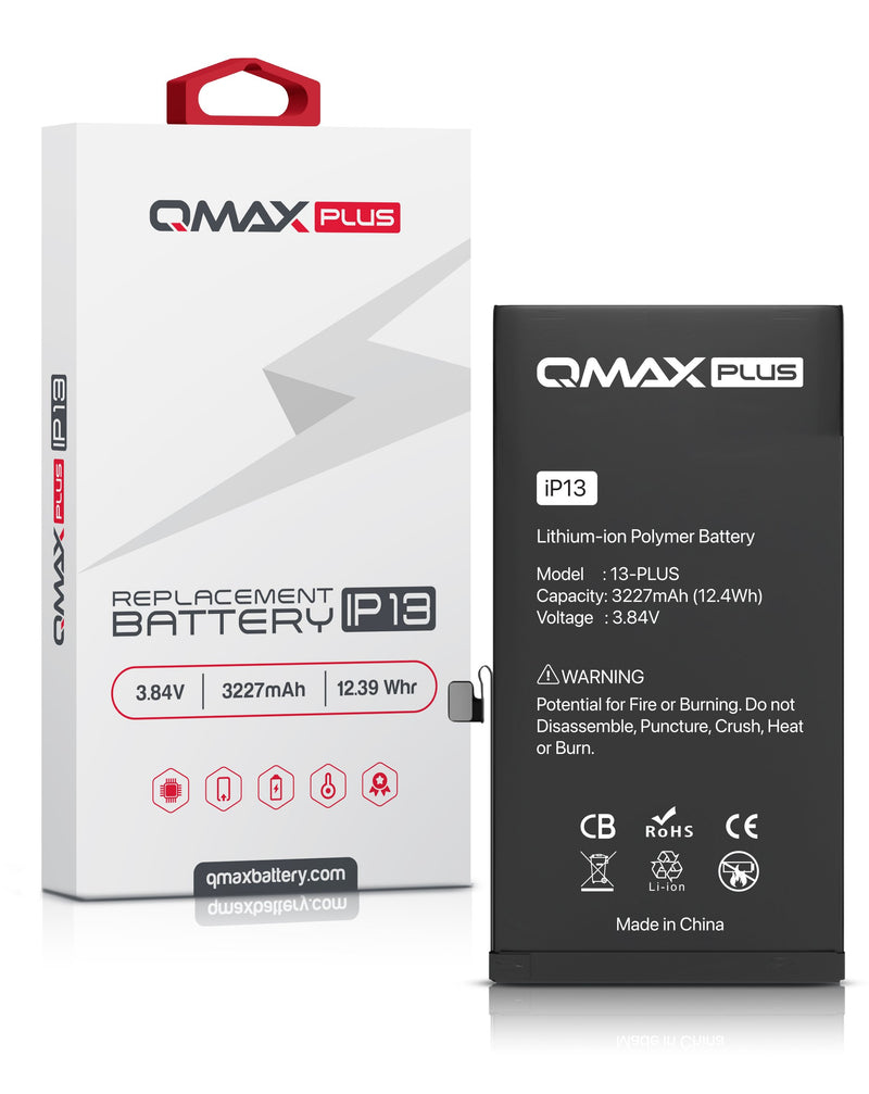 Batería QMAX Plus iPhone 13 de 3227 mAH en Guatemala, repuesto de calidad para reparaciones de batería en talleres y mayoristas.