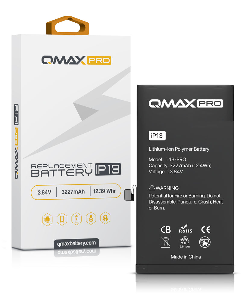 Venta al por mayor de baterías QMAX Pro para iPhone 13 con 3227 mAH en Guatemala, ideales para talleres de reparaciones de iPhones.