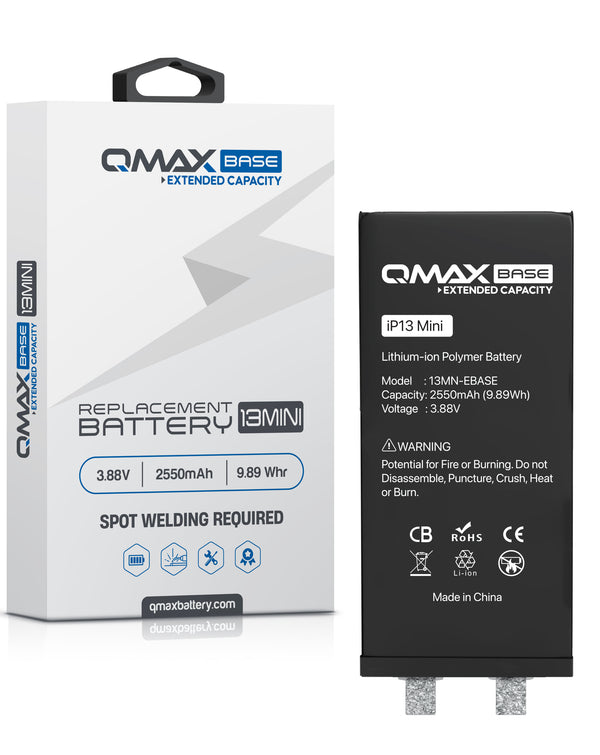 Reparación de batería para iPhone 13 Mini en Guatemala con batería QMAX de 2520 mAH y spot weld requerido.