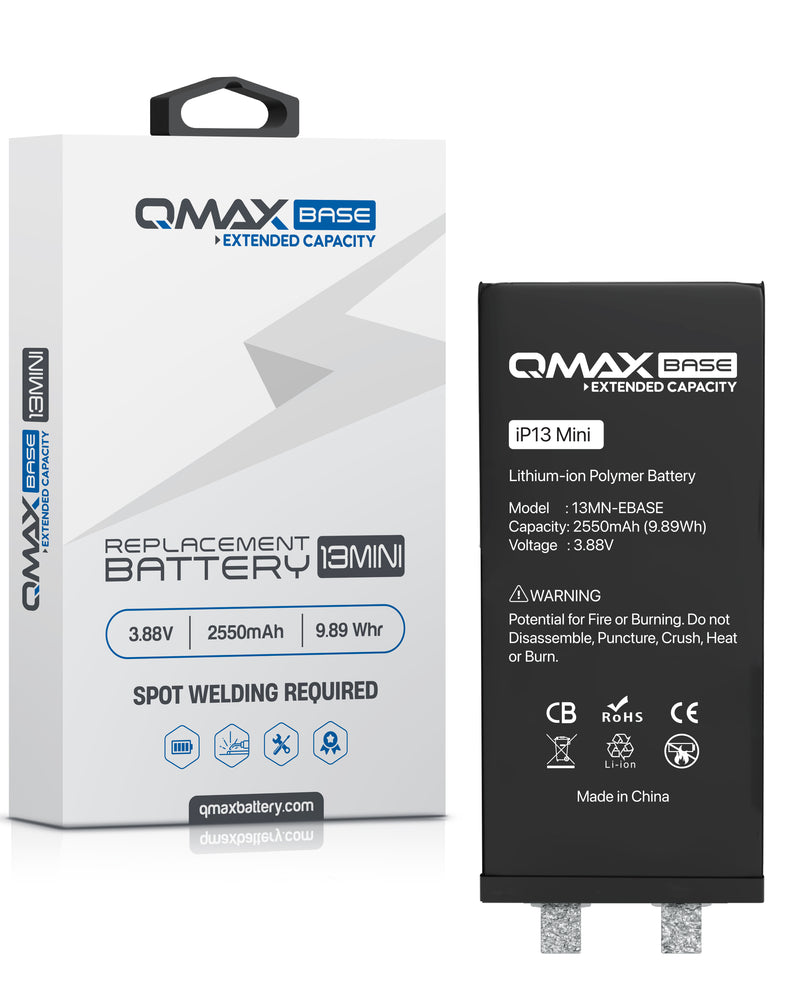 Reparación de batería para iPhone 13 Mini en Guatemala con batería QMAX de 2520 mAH y spot weld requerido.