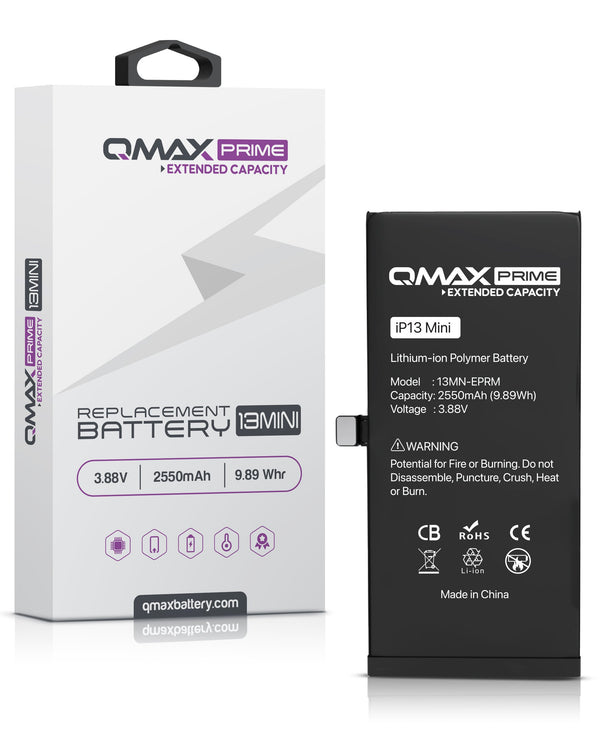 Encuentra la batería QMAX Prime Extended Capacity iPhone 13 Mini (2550 mAh) en Guatemala, al mejor precio y calidad en reparaciones de baterías para iPhone.