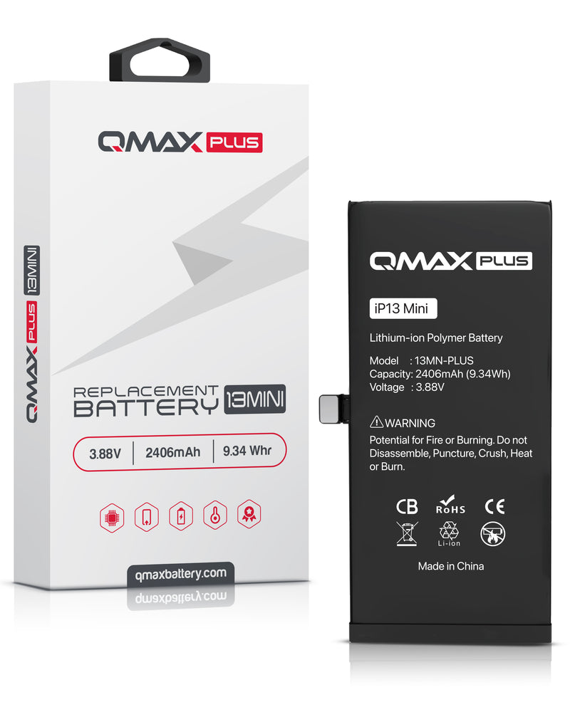 Encuentra baterías QMAX Plus originales para iPhone 13 Mini de 2406 mAH en Guatemala, al mejor precio en nuestro taller de reparaciones con servicio mayorista de componentes iPhone.