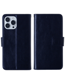 Funda de cuero SlowBack azul oscuro para iPhone 13 Pro con ranura para tarjetas, protección elegante.