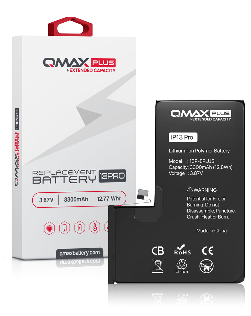 Reparación de batería QMAX Plus para iPhone 13 Pro en Guatemala con capacidad extendida de 3300 mAh.