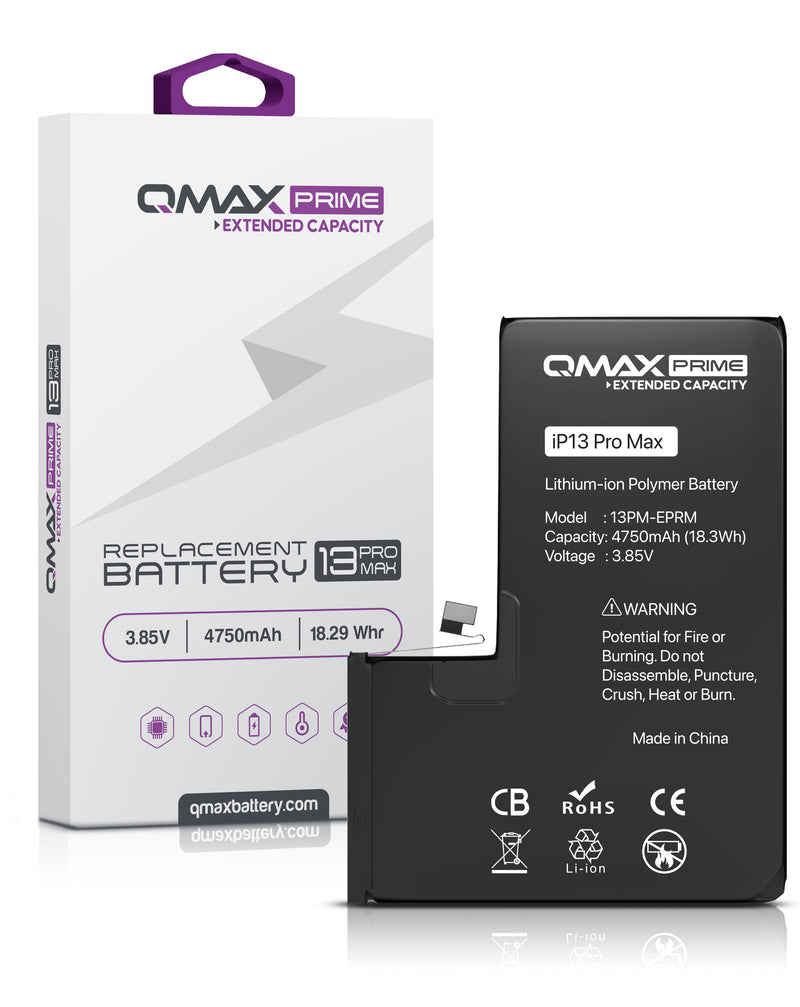 Encuentra la batería QMAX Prime iPhone 13 Pro Max de 4750 mAH en Guatemala para reparaciones en taller mayorista.
