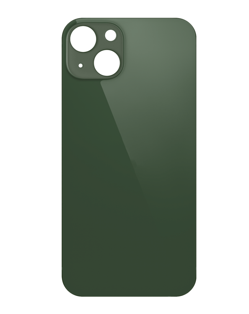 Tapa trasera con agujero mayor para cámara iPhone 13 Mini color verde en Guatemala para reparaciones de celulares.