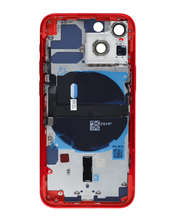 Encuentra tapa trasera roja con componentes pequeños preinstalados para iPhone 13 Mini en Guatemala, ideal para reparaciones de tu dispositivo.