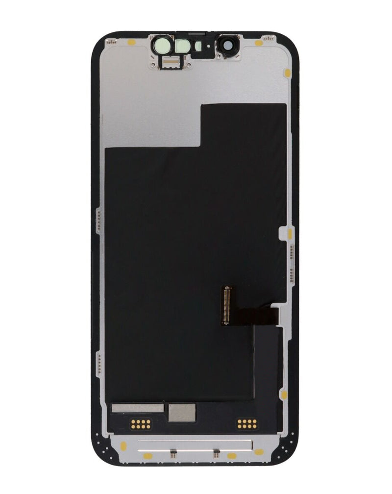 Reparación de pantalla premium iPhone 13 Mini OLED en Guatemala con etiquetas de BajoPPLCD y pantalla OLED.