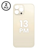 Tapa trasera con agujero mayor para cámara iPhone 13 Pro Max en color dorado, ideal para reparaciones en Guatemala.