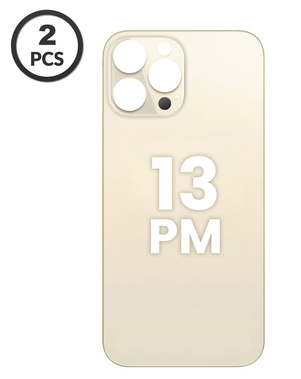 Tapa trasera con agujero mayor para cámara iPhone 13 Pro Max en color dorado, ideal para reparaciones en Guatemala.