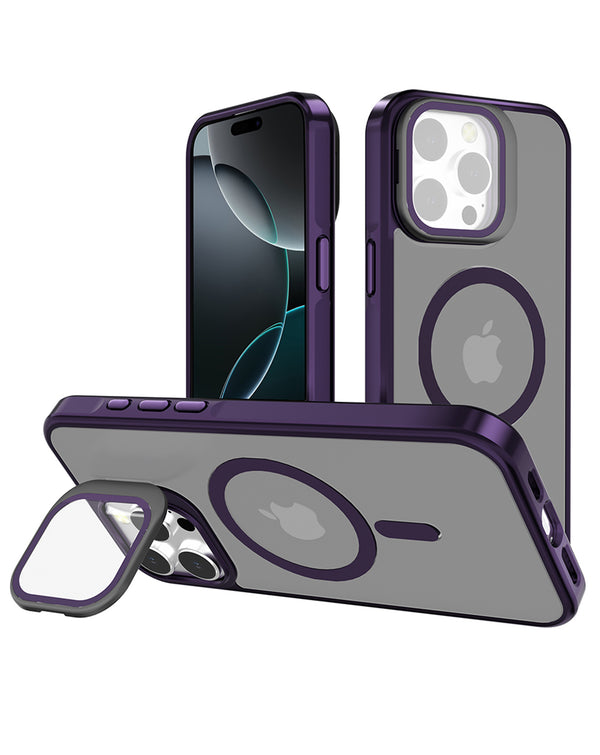 Funda transparente con soporte de cámara y carga inalámbrica para iPhone 13 Pro Max en color morado en Guatemala.