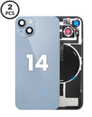 Compra en Guatemala el Pack de 2 tapas traseras con NFC inalámbrico y magnet MagSafe para iPhone 14 en color azul, ideal para reparaciones y cambios de componentes al por mayor.