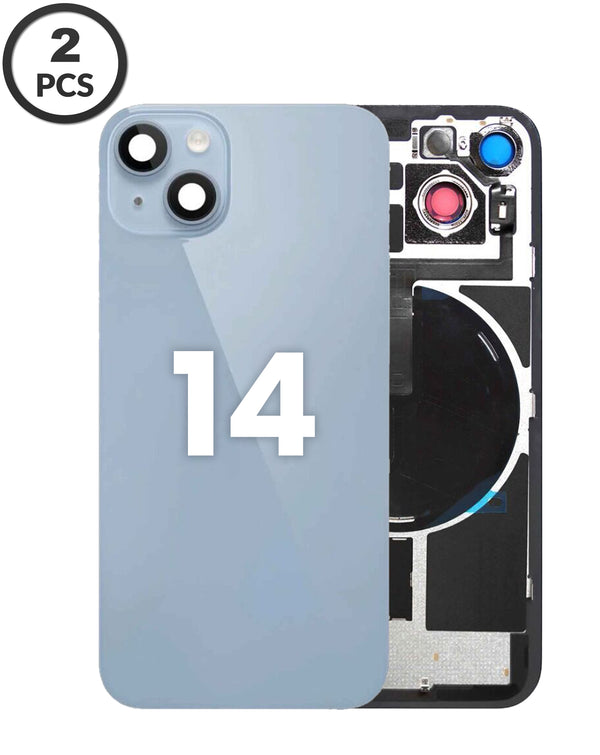 Compra en Guatemala el Pack de 2 tapas traseras con NFC inalámbrico y magnet MagSafe para iPhone 14 en color azul, ideal para reparaciones y cambios de componentes al por mayor.
