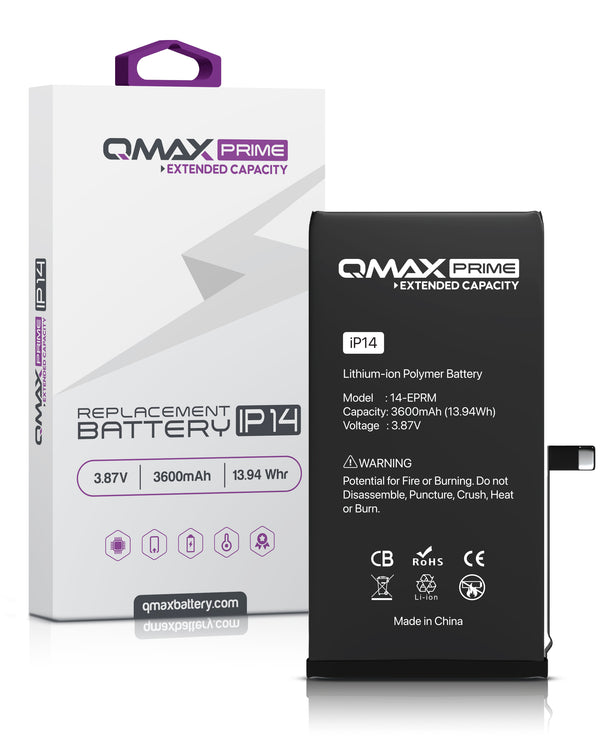 Batería QMAX Prime iPhone 14 Extended Capacity (3600 mAH) para una mayor duración en Guatemala, encuentra tu batería en reparaciones de iPhone en talleres especializados.