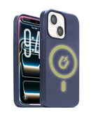 Funda de cuero azul marino para iPhone con chip IC, carga inalámbrica SlowBack integrada y protección.