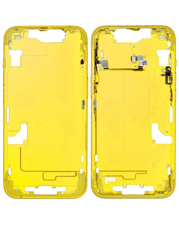 Encuentra el marco intermedio con piezas pequeñas para iPhone 14 en Guatemala, ideal para reparaciones y disponible en color amarillo.