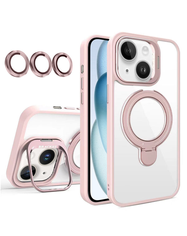 Funda transparente magnetica con 2 soportes y lente de camara PINK para 16e / 14 / 13