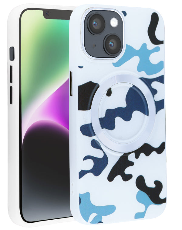 Compra al por mayor en Guatemala tu funda con diseño de camuflaje para iPhone 13 y 14 con carga inalámbrica de SlowBack.