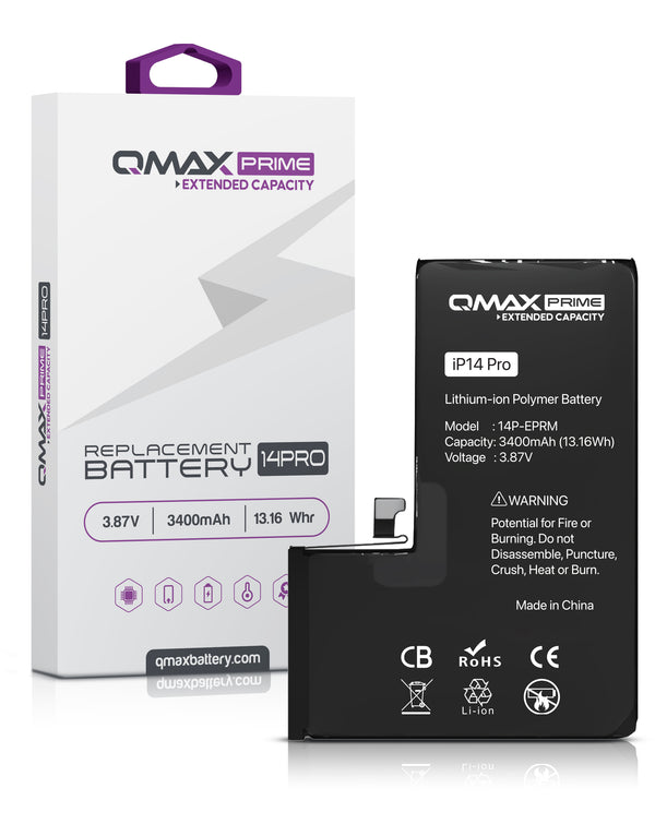 Reparación de batería QMAX Prime para iPhone 14 Pro en Guatemala, con capacidad extendida de 3400 mAH y sin soldadura a puntos, disponible en talleres especializados y mayoristas.