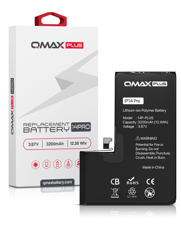 Mayorista de baterías QMAX Plus para iPhone 14 Pro en Guatemala, con capacidad de 3200 mAh.