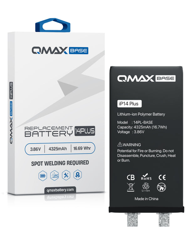 Reparación de batería para iPhone 14 Plus en Guatemala con soldadura puntual y batería QMAX de 4325 mAH.