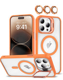 Funda de silicona color naranja con soporte para cámara y lente transparente para iPhone 14 Pro Max en Guatemala.