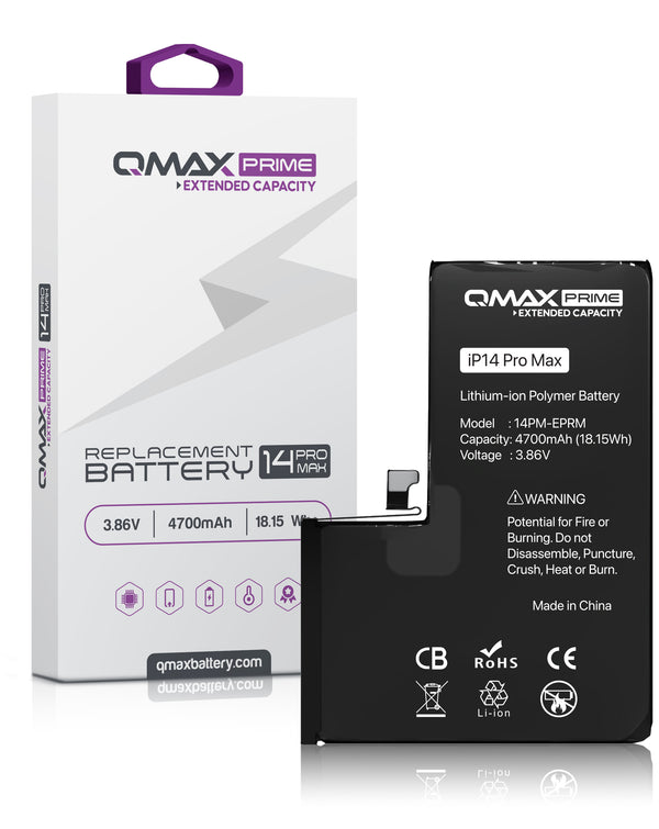 Encuentra la batería QMAX Prime Extended Capacity iPhone 14 Pro Max de 4700 mAH en Guatemala para reparaciones y mayoristas.