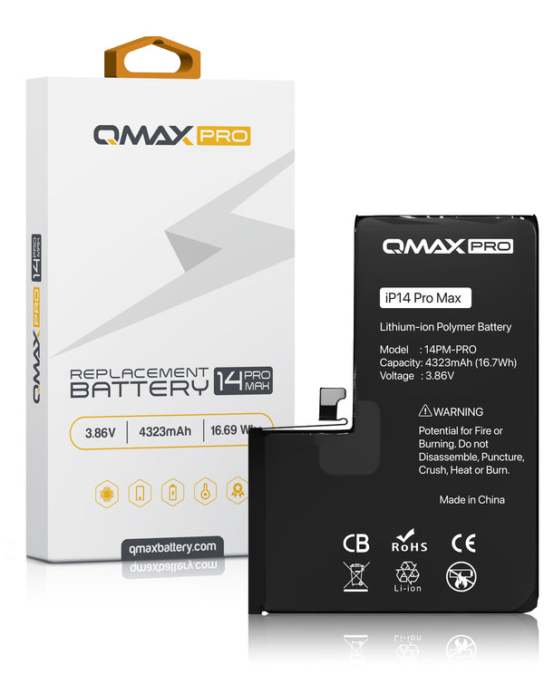 Encuentra baterías QMAX Pro para iPhone 14 Pro Max en Guatemala, ideal para reparaciones y ventas al por mayor.