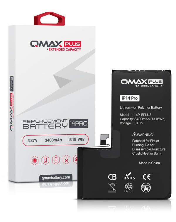 Batería QMAX Plus Extended Capacity iPhone 14 Pro (3400 mAH) en Guatemala, ideal para reparaciones de batería y disponible en mayoristas.