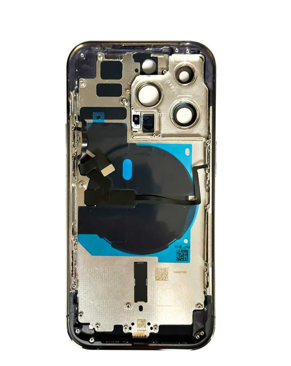 Encuentra tapa trasera con componentes preinstalados para iPhone 14 Pro en Guatemala, ideal para reparaciones y mayoristas de partes de iPhone.