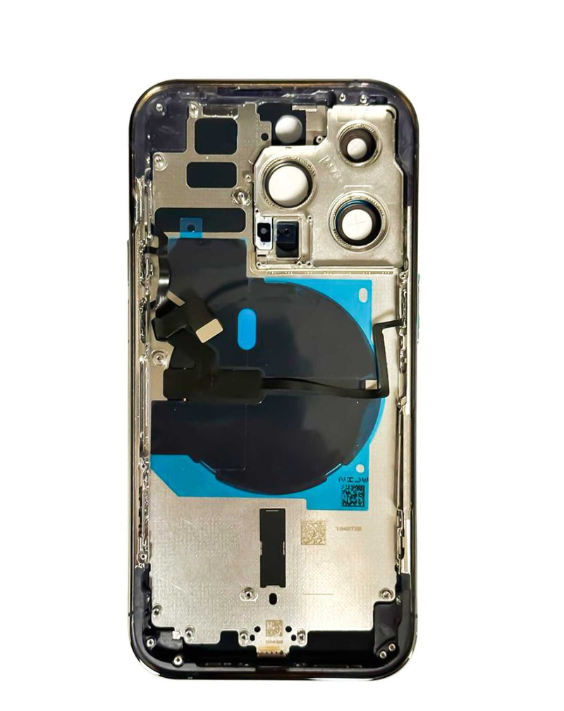 Encuentra tapa trasera con componentes preinstalados para iPhone 14 Pro en Guatemala, ideal para reparaciones y mayoristas de partes de iPhone.