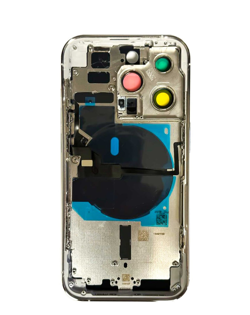 Tapa trasera con componentes pequeños preinstalados para iPhone 14 Pro en Guatemala, ideal para reparaciones de talleres o mayoristas.
