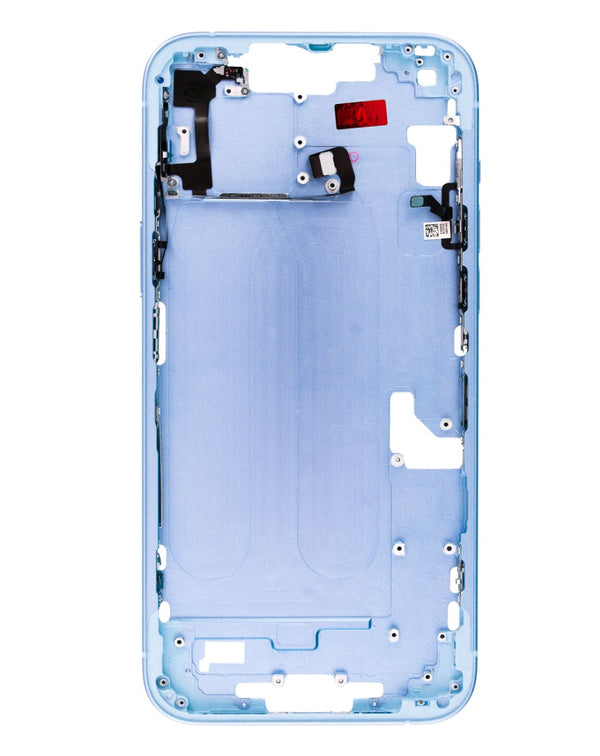 Reparación de estructura y marco medio con piezas pequeñas para iPhone 14 Plus en Guatemala.