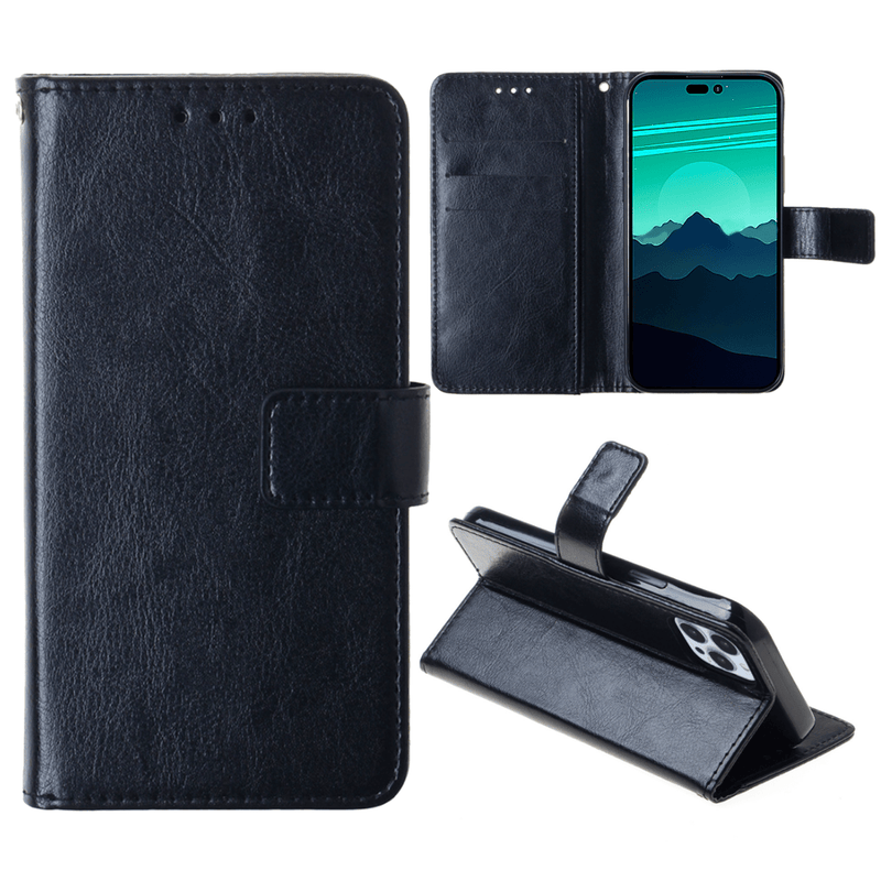 Encuentra la mejor funda de cuero para iPhone 14 Pro en Guatemala en SlowBack, con ranuras para tarjetas y en color negro.