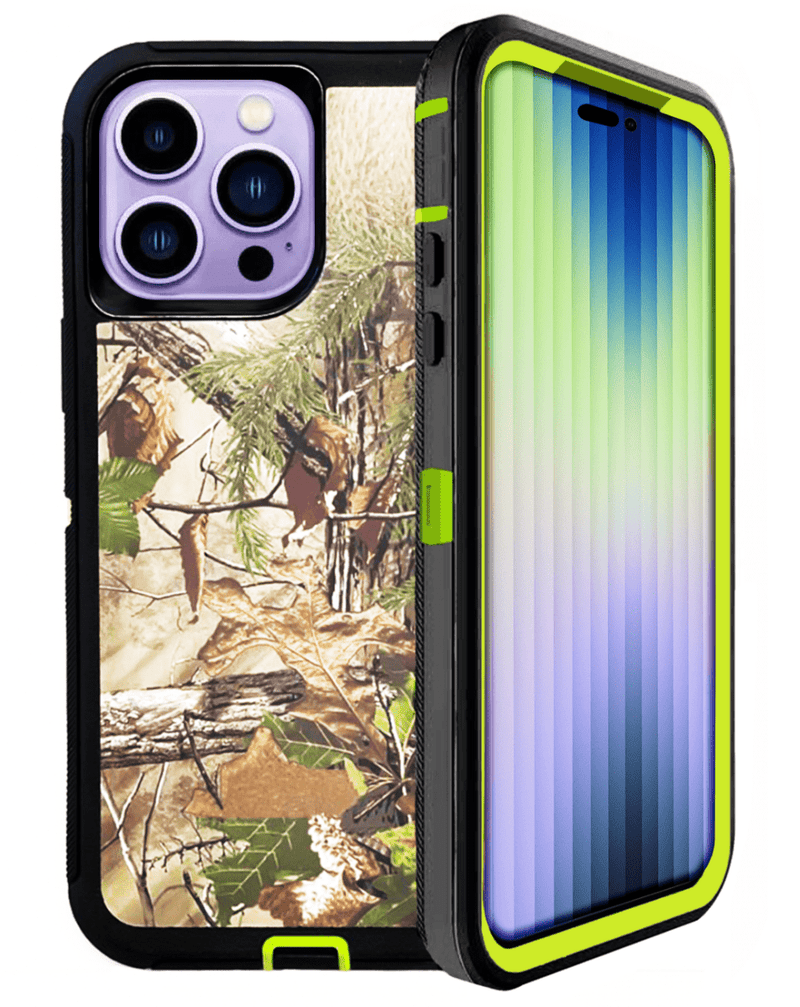Protege tu iPhone 14 Pro con estilo en Guatemala con la funda heavy duty en camuflaje verde.