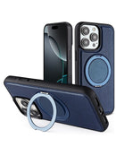 Encuentra en Guatemala la mejor variedad de cases de cuero slim con carga inalámbrica y soporte para iPhone 14 Pro Max en color azul, disponibles en SlowBack.