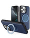 Encuentra en Guatemala la mejor variedad de cases de cuero slim con carga inalámbrica y soporte para iPhone 14 Pro Max en color azul, disponibles en SlowBack.