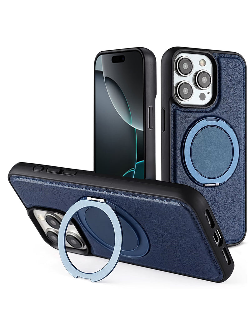Encuentra en Guatemala la mejor variedad de cases de cuero slim con carga inalámbrica y soporte para iPhone 14 Pro Max en color azul, disponibles en SlowBack.