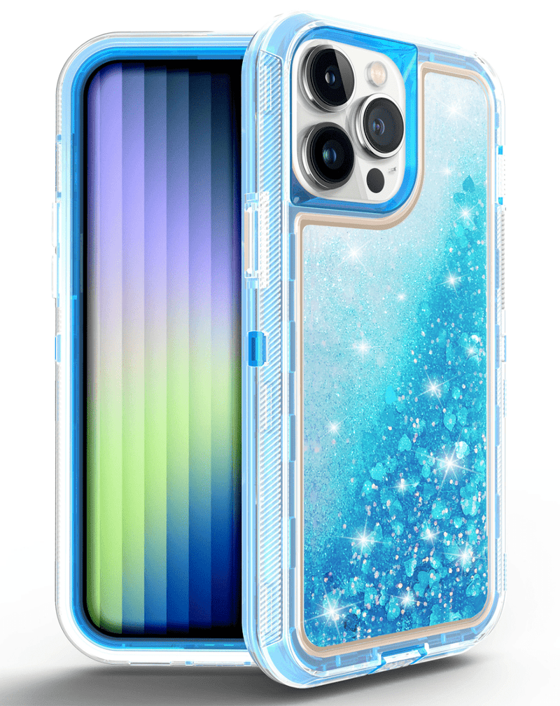 Encuentra la mejor funda protectora Glitter Liquid Bumper en color azul para tu iPhone 14 Pro en Guatemala.