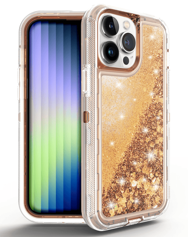 Encuentra la mejor carcasa protectora glitter liquid bumper en color ROSE GOLD para iPhone 14 Pro en Guatemala.