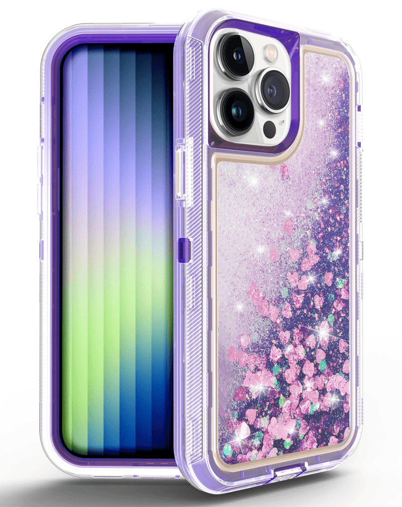 Funda protectora liquid glitter para iPhone 14 Pro en color morado disponible en Guatemala, ideal para proteger tu dispositivo de caídas y rayones.