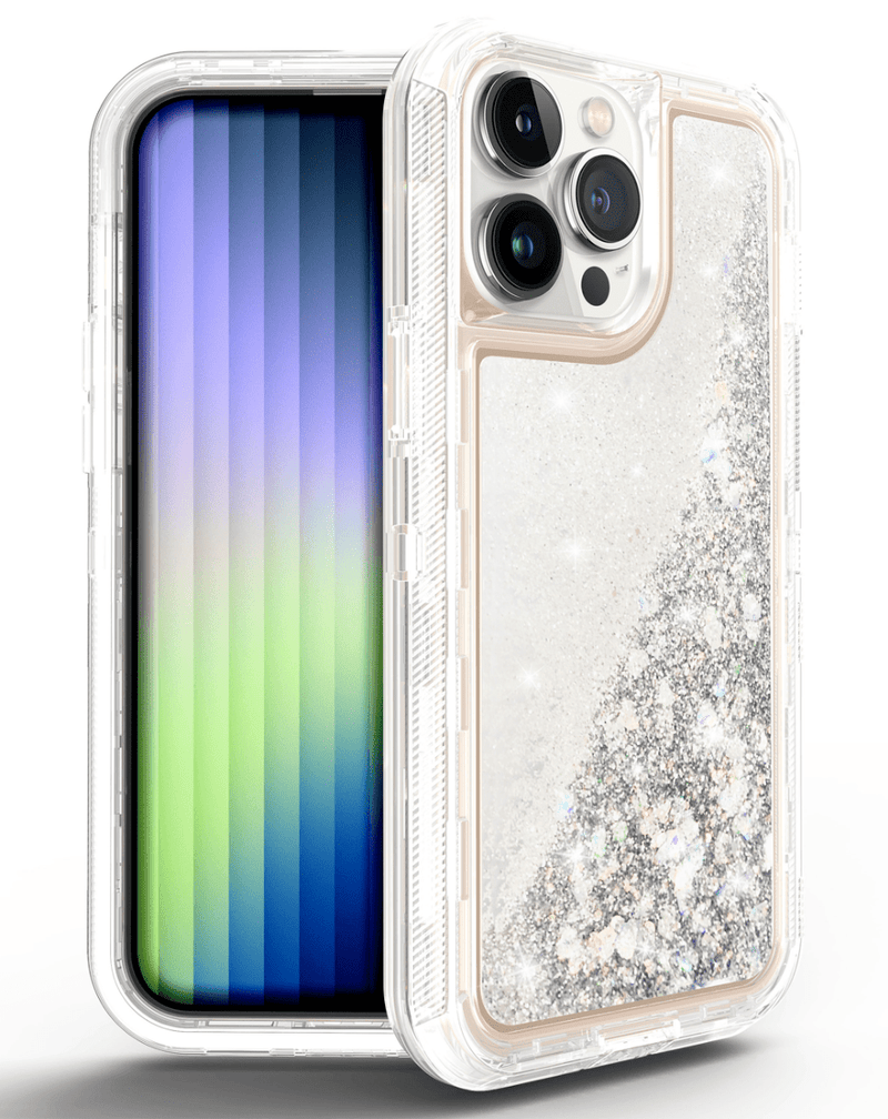 Encuentra la mejor funda protectora bumper con glitter plateado para iPhone 14 Pro en Guatemala.