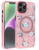 Encuentra en Guatemala el mayorista de casos de carga inalámbrica con diseño de flores para iPhone 14 Pro Max en color rosado.