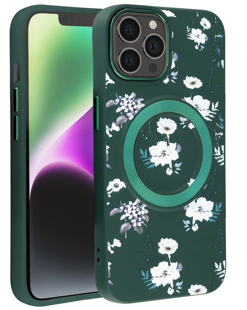 Encuentra la funda de carga inalámbrica Flower Design DARK GREEN para iPhone 14 Pro Max en Guatemala con SlowBack.