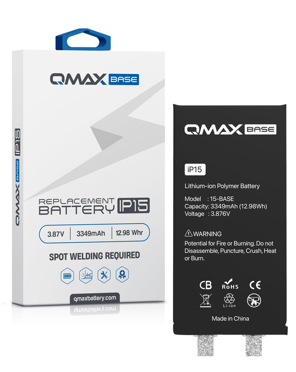 Reparación de batería iPhone 15 con spot weld en Guatemala, disponibles en QMAX para mayoristas de componentes iPhone.