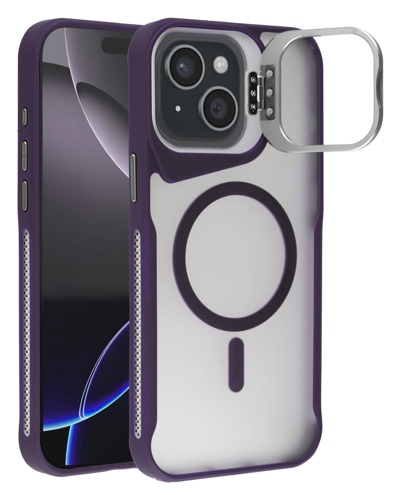 Funda transparente mate con soporte para camara con carga inalambrica iPhone 15 (PURPLE)