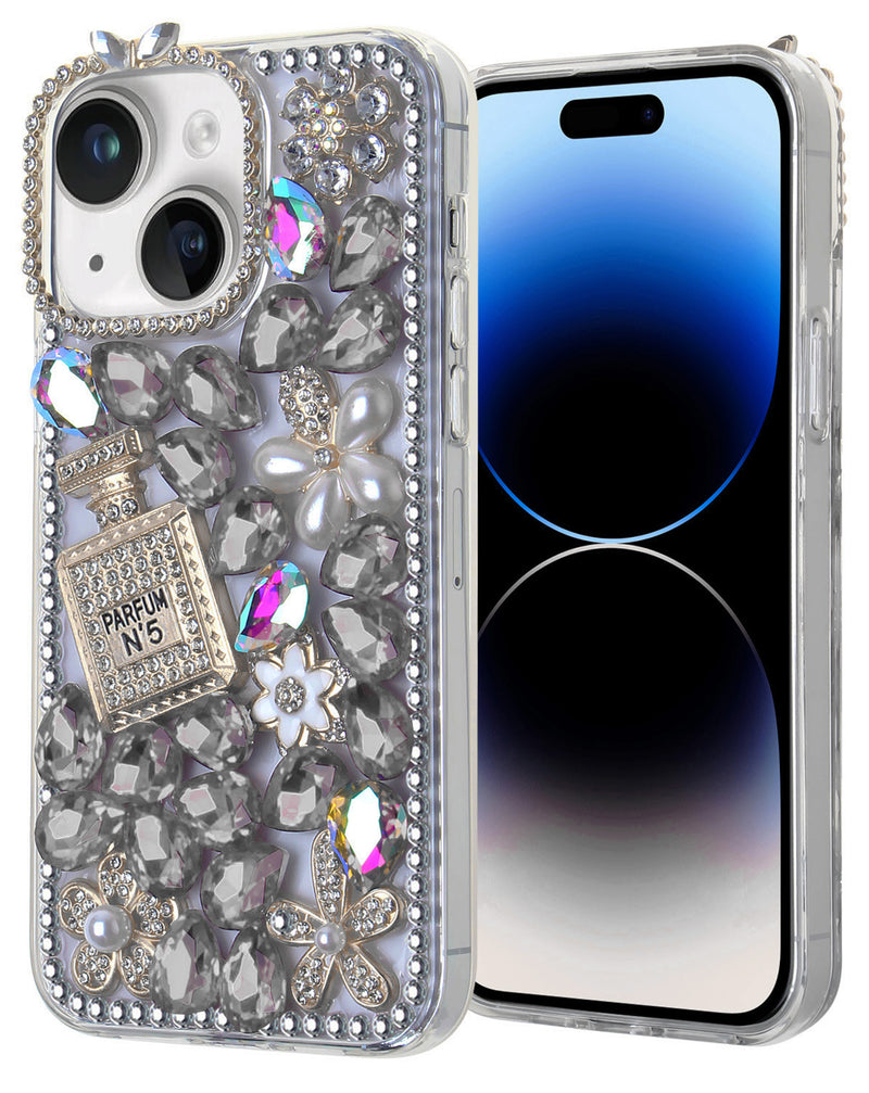 Funda silicone rigida Crystal Flower Perfume iPhone 15 (Plateado)